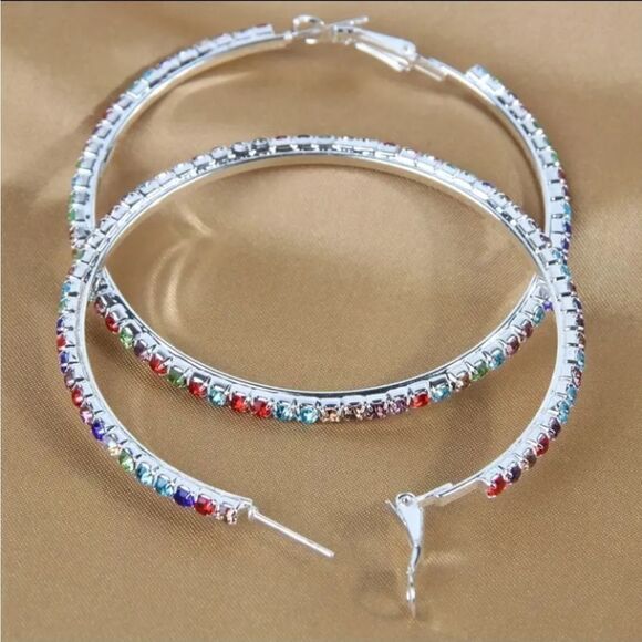 Rainbow Color Rhinestone Silver Hoop Earrings - Picture 2 of 3
